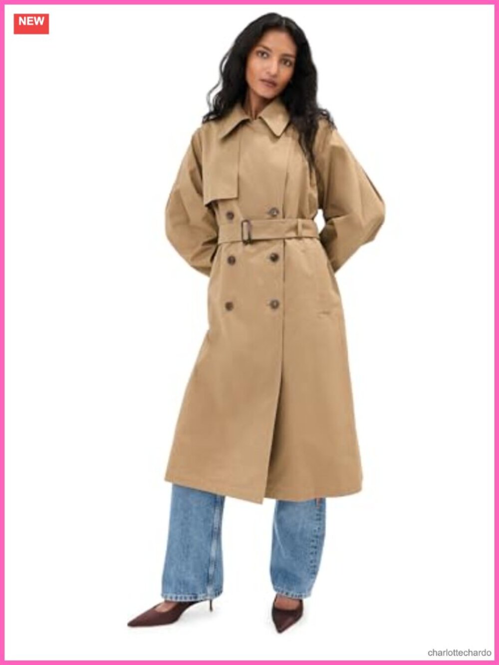 LE BOP Trench Coat Double-Breasted Twill Windproof Long Sleeve